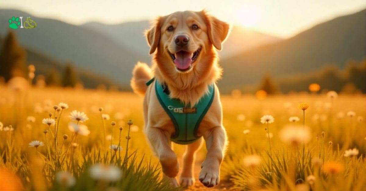Golden Retriever running happily in a Vibrant Life teal dog harness with reflective strips during sunset. No-pull design for safe walks.