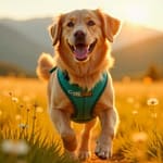 Vibrant Life Dog Harness 2025 Review: Safe, Comfy & Budget-Friendly! Golden Retriever running happily in a Vibrant Life teal dog harness with reflective strips during sunset. No-pull design for safe walks.